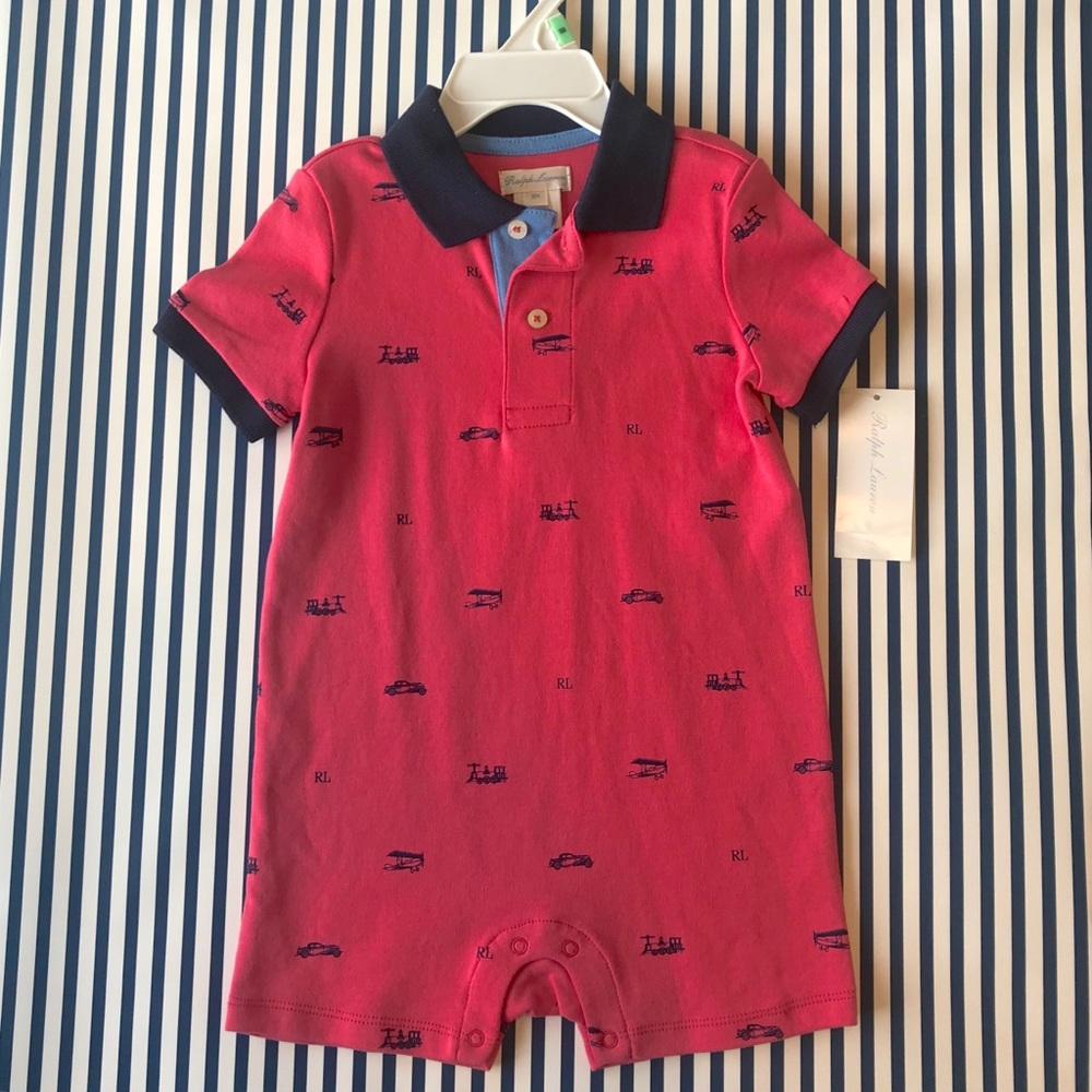 Ralph Lauren polo style onesie. Coral & Navy 18M